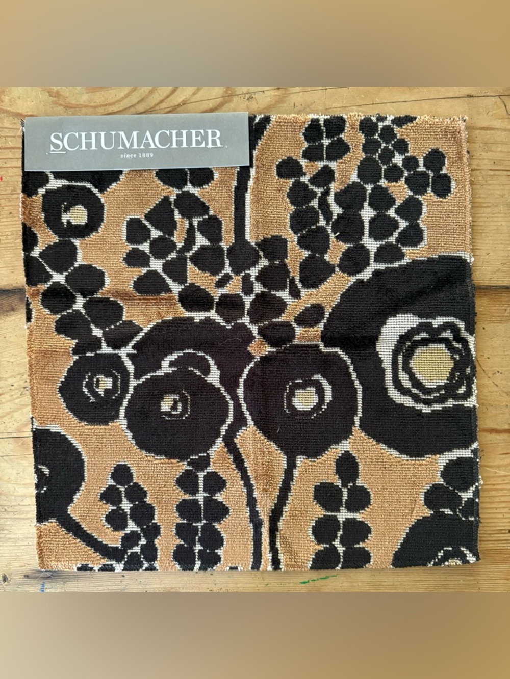 Schumacher Tan and Black Velvet Fabric Sample